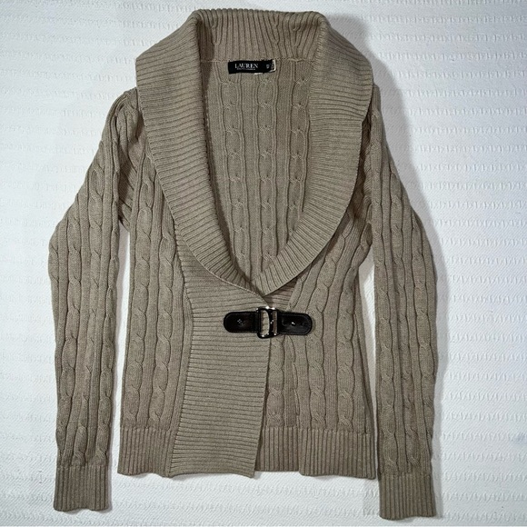 Lauren Ralph Lauren Cream Cable Knit Shawl Collar Buckle Sweater XS Old Money - Picture 4 of 11
